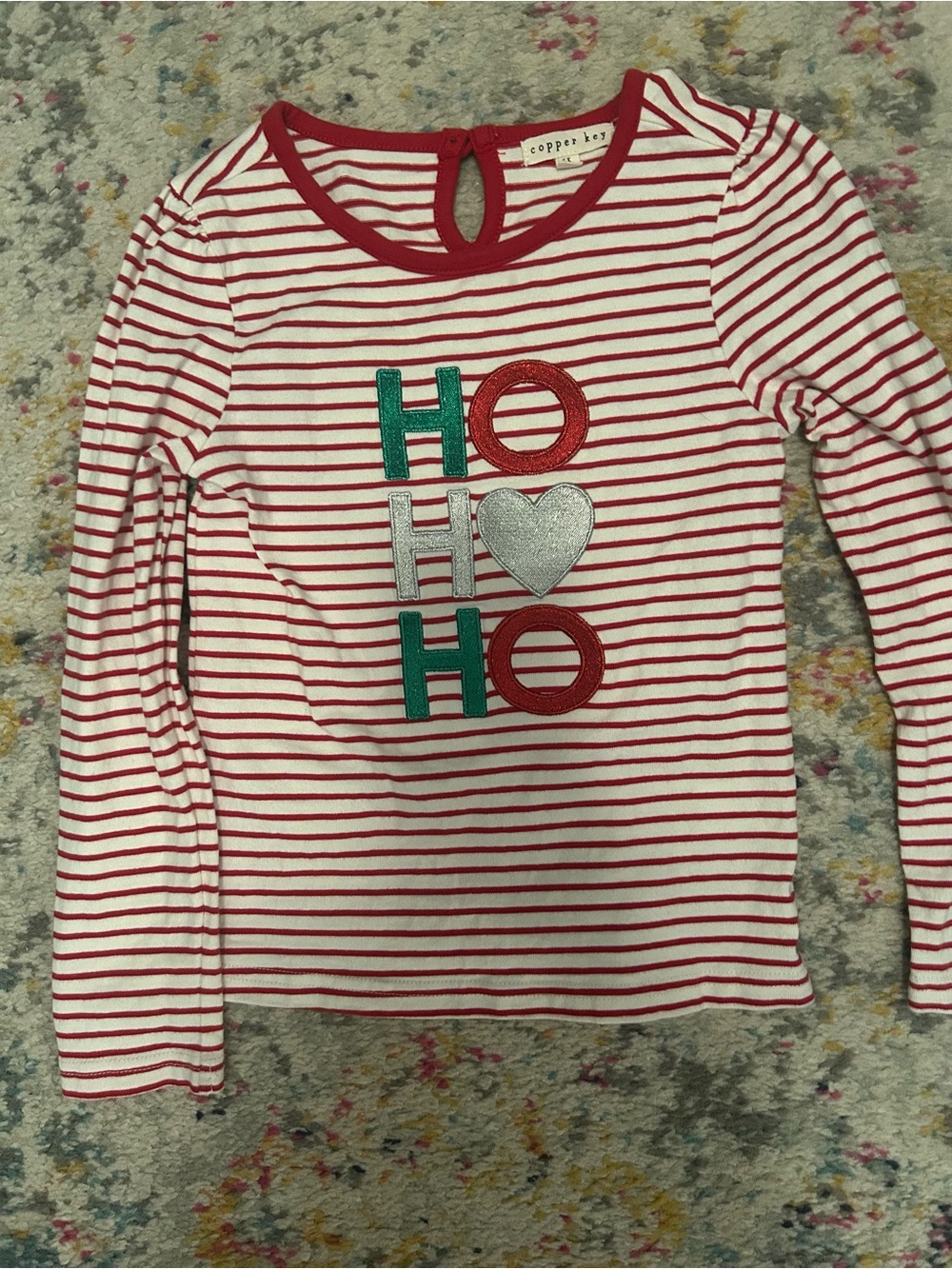 Copper Key Red & White Striped Long Sleeve 'HO HO HO' Holiday Tee